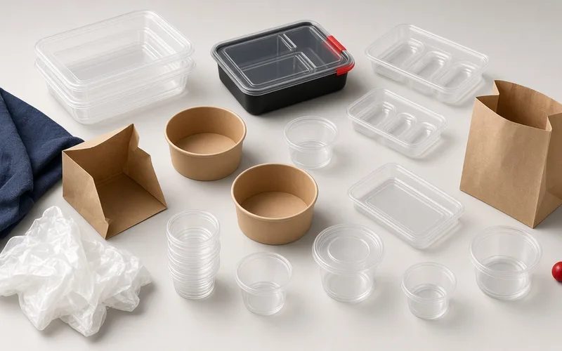 Assorted food packaging: thinwall containers, mika packaging, bento boxes, paper bowls and plastic bags for food businesses