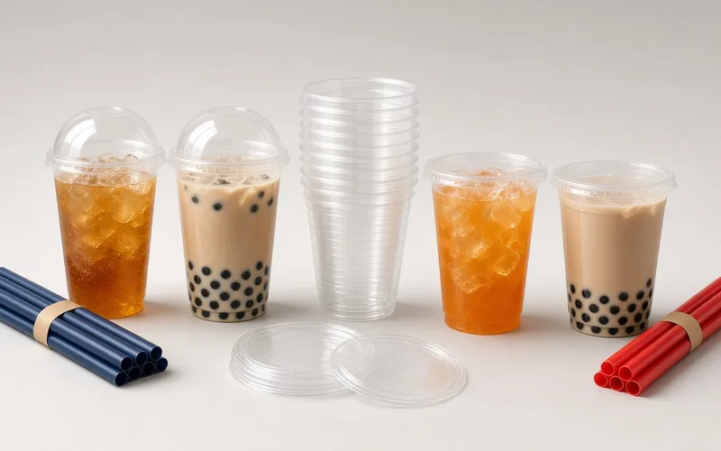 Plastic cups with lids, straws and iced drinks for drink businesses