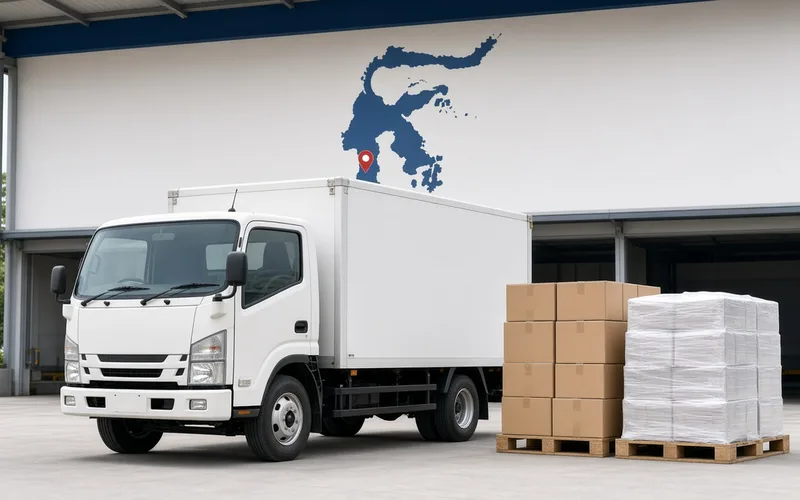 A delivery truck and plastic packaging goods ready to ship across South Sulawesi from Makassar