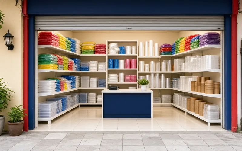 A small, tidy plastics shop with shelves full of plastic bags, plastic cups, thinwall containers, mika packaging and paper bowls