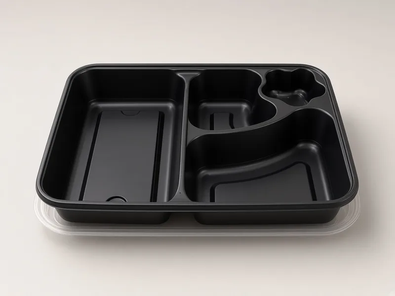 Box bento hitam 4 sekat dengan alas bening