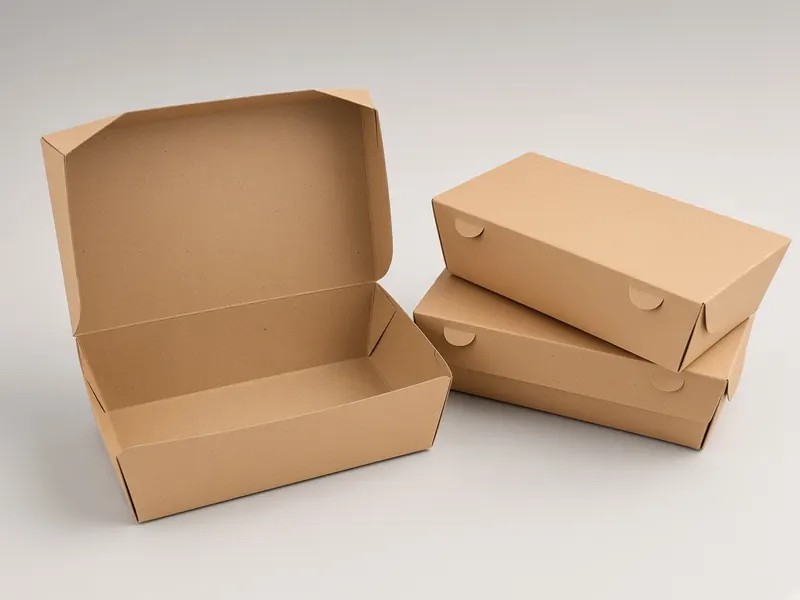 Plain kraft paper cake boxes, one open and two stacked