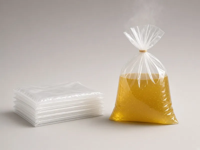 Plastik tahan panas (ATP) bening berisi kuah panas dan tumpukan plastik kosong