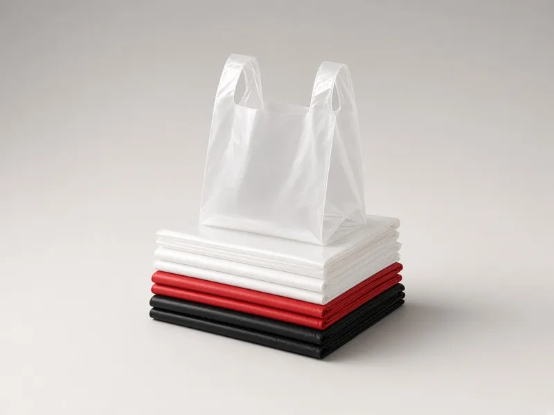Kantong plastik kresek putih, merah, dan hitam bertumpuk