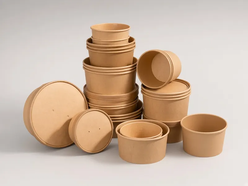 Brown kraft paper bowls in several sizes, stacked, with kraft paper lids