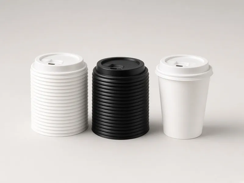 Tutup paper cup putih dan hitam bertumpuk