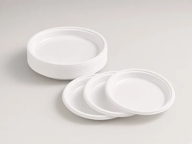 White disposable plastic plates, one stack and three plates in a row