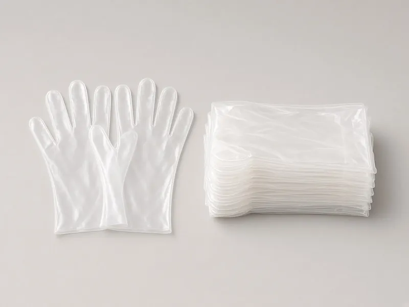 Sarung tangan plastik bening sekali pakai dan tumpukannya