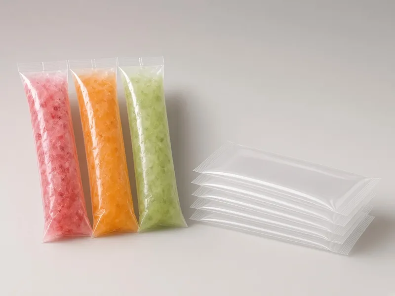 Plastik es bening berisi es hancur warna-warni dengan kemasan kosong