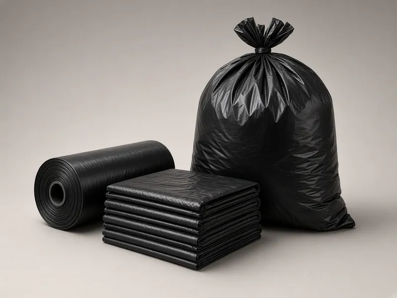 Kantong sampah industrial hitam tebal, gulungan, dan tumpukan lipat