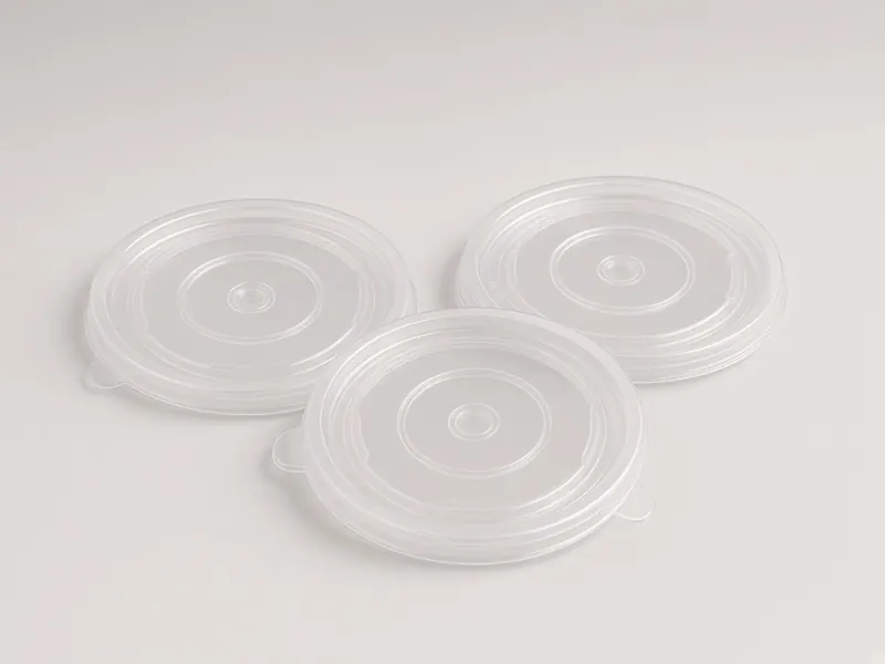 Three round clear plastic lids for paper bowls